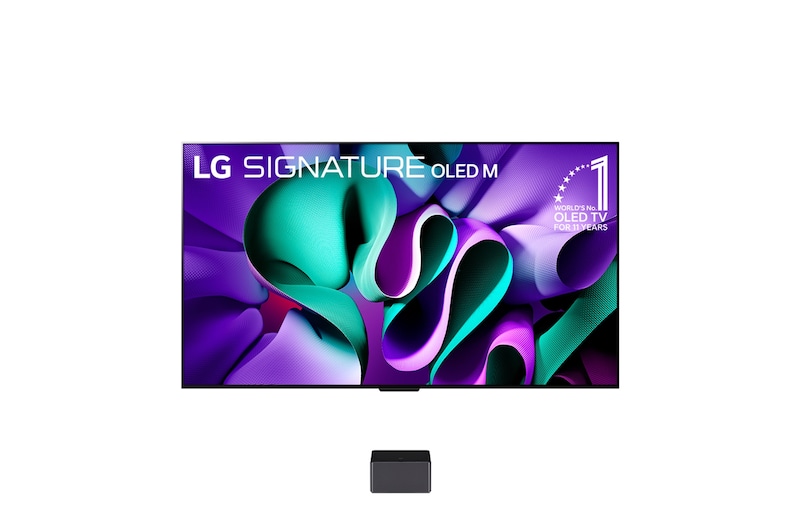 มุมมองด้านหน้าของ LG OLED TV, OLED M4 SIGNATURE, สัญลักษณ์ 11 ปีแห่งการเป็น OLED อันดับ 1 ของโลก, โลโก้โปรแกรม webOS Re:New และกล่อง Zero Connect พร้อมการถ่ายโอนวิดีโอและเสียงไร้สาย 4K ที่เชื่อมต่อกับทีวี และสัญญาณ Wi-Fi ออกมาจากกล่อง
